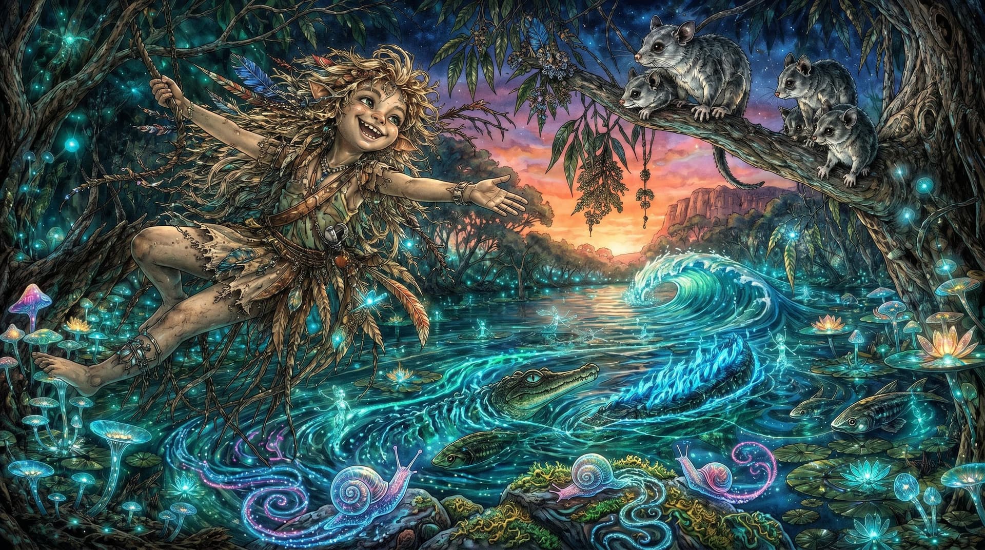 AI generated: In a surreal, whimsical world where Aussiecore DreamtimeFunk meets WyldeFey elemental aesthetics, a ...