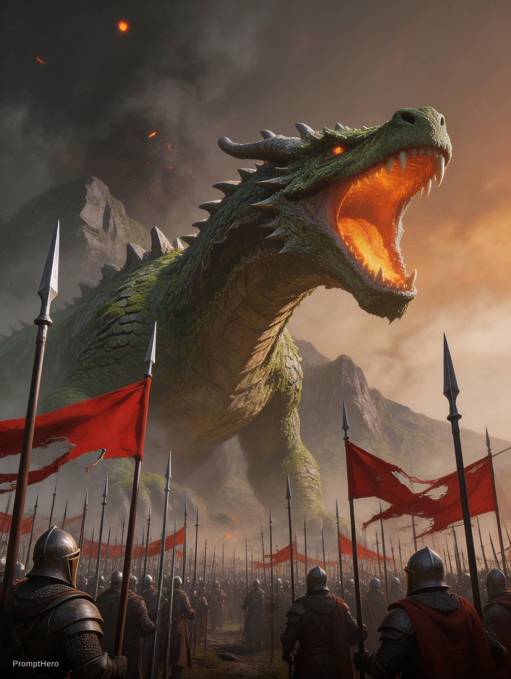 AI generated: A panoramic cinematic wide shot of a colossal, mountain-sized mossy-green dragon looming over a medi...