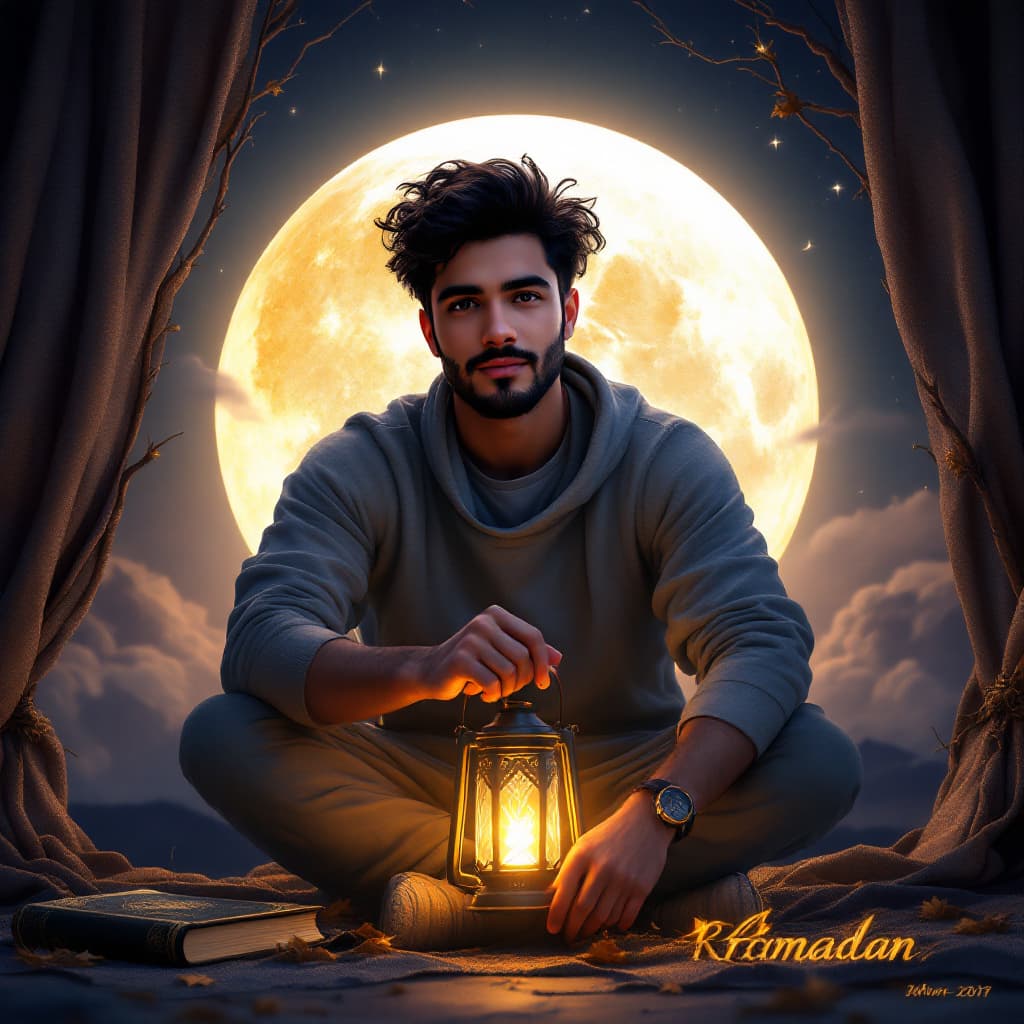 AI generated: ahmed face a featuring a realistic character of a (young man) , sitting casually, with a large crese...