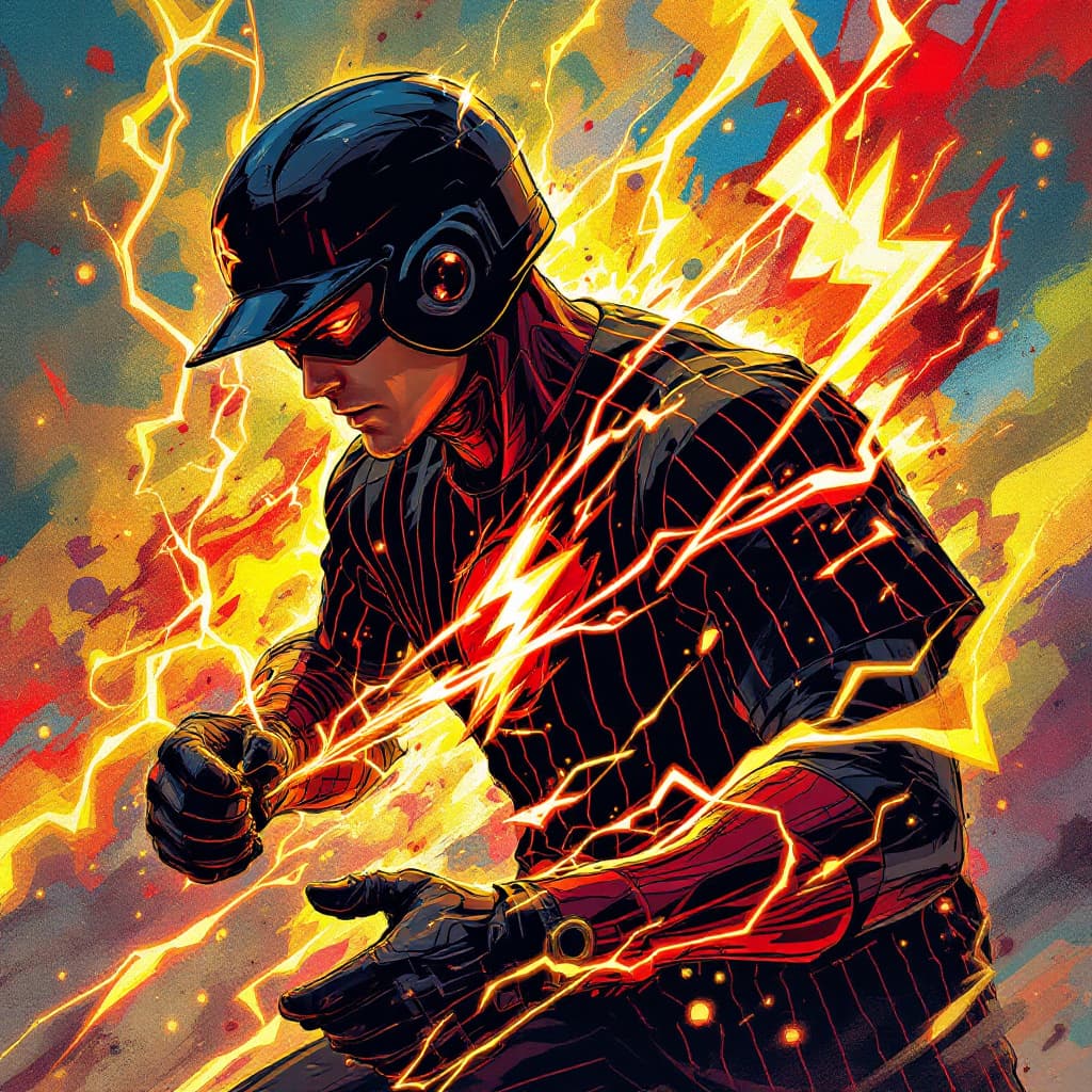 AI generated: an illustration of a flash gordon with a black baseball helmet and black pinstripe shirt with a ligh...
