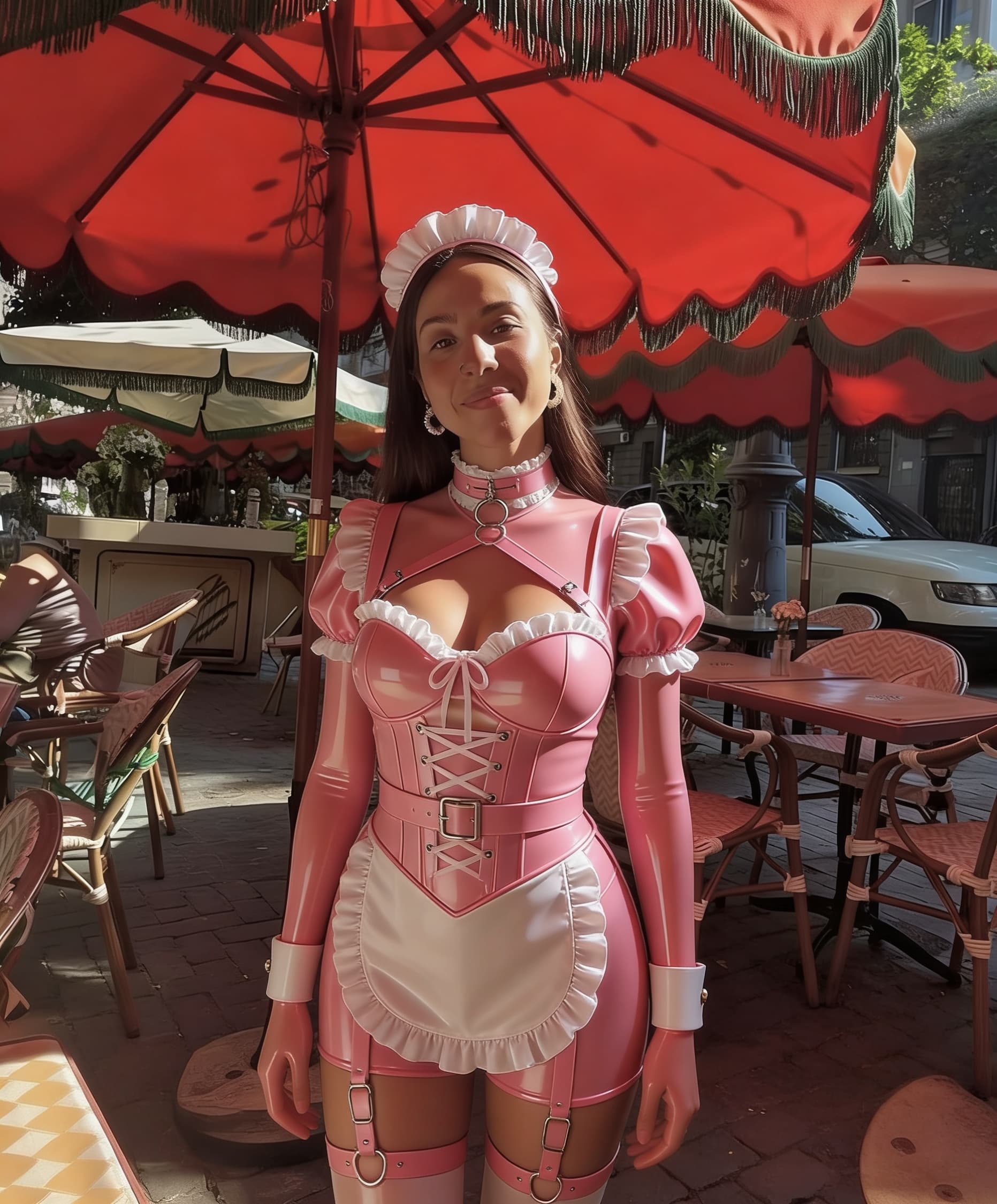 AI generated: create a detailed latex submissive pink maid outfit thotty