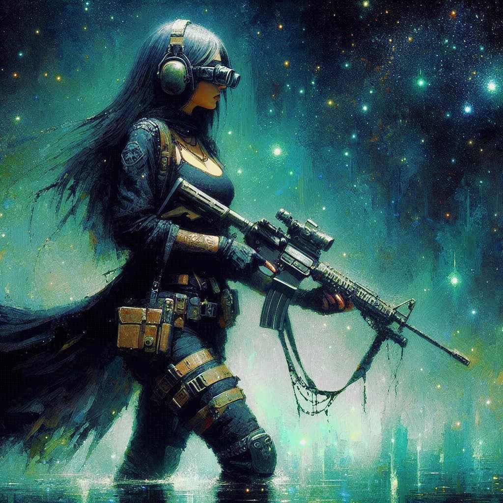 AI generated: painting mottled with blackish-dark blue-a woman wearing night vision goggles, headset with black sh...