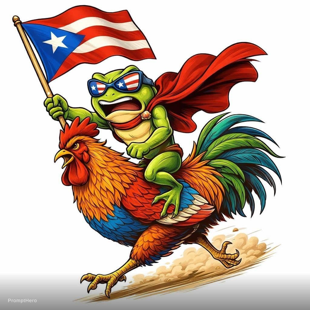 AI generated: angry superhero frog riding a proud rooster like a heroic horse, the frog wearing a flowing superher...