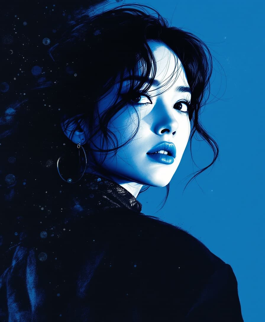 AI generated: movie poster, woman character in black, white and blue, in the style of yoh nagao, light-focused --a...