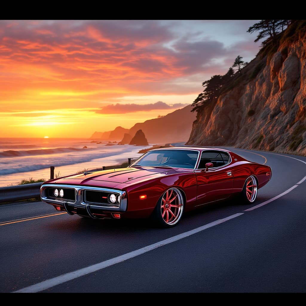 AI generated: Imagine driving a gorgeous, bright, metallic red with platinum flakes 1976 Dodge Charger, with plati...