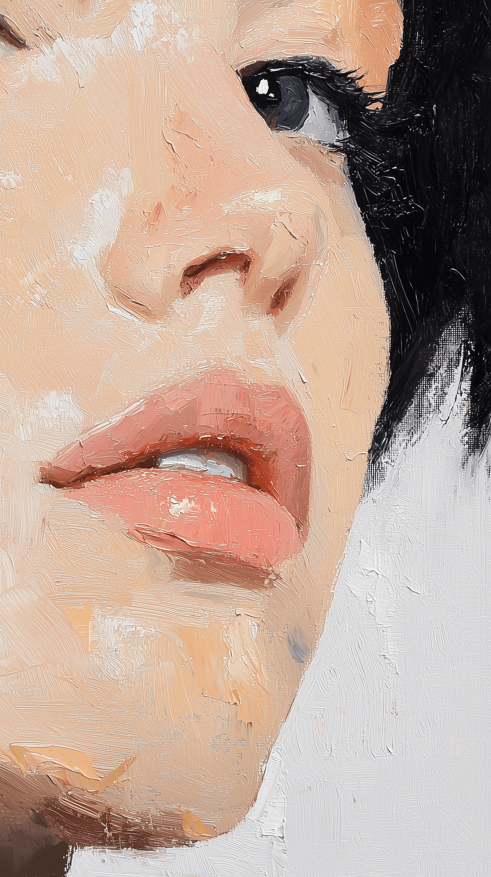 AI generated: artistic, oil painting, right face composition, portrait of girl, empty eyes, gaze, grainy touch, mi...