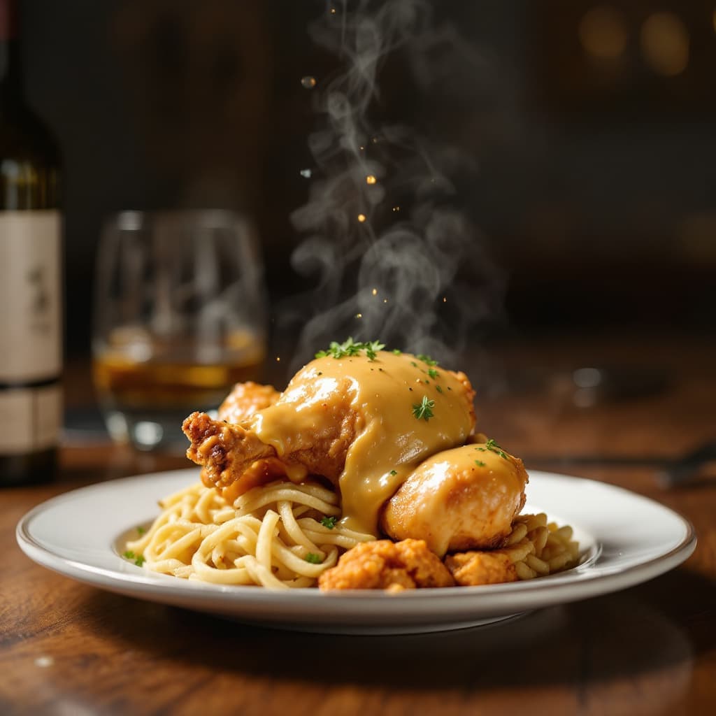 AI generated: crea una imagen profesional y muy provocativa de pollo 
desmechada en una mesa. 
