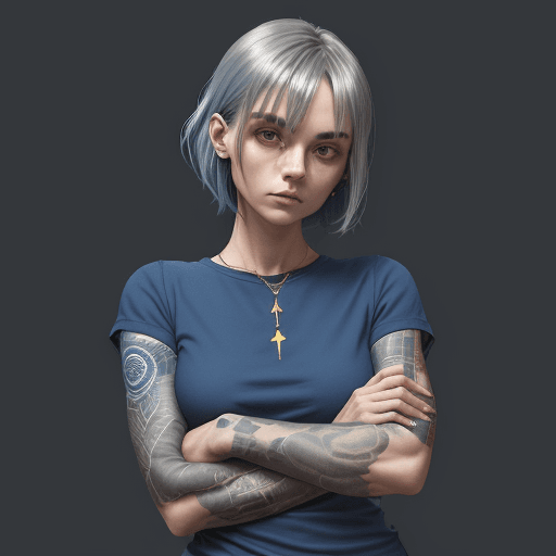 AI generated: a woman in blue gogles,blue shirt with her arms folded against , in the style of tattoo, normcore, d...