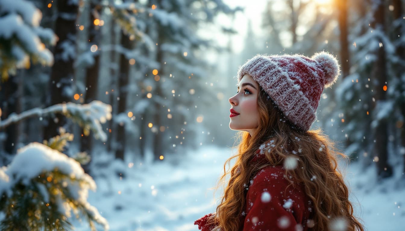 AI generated: Scène cinématographique. Forêt d'hiver recouverte de neige. jolie madame Noël regard doux, rousse ch...