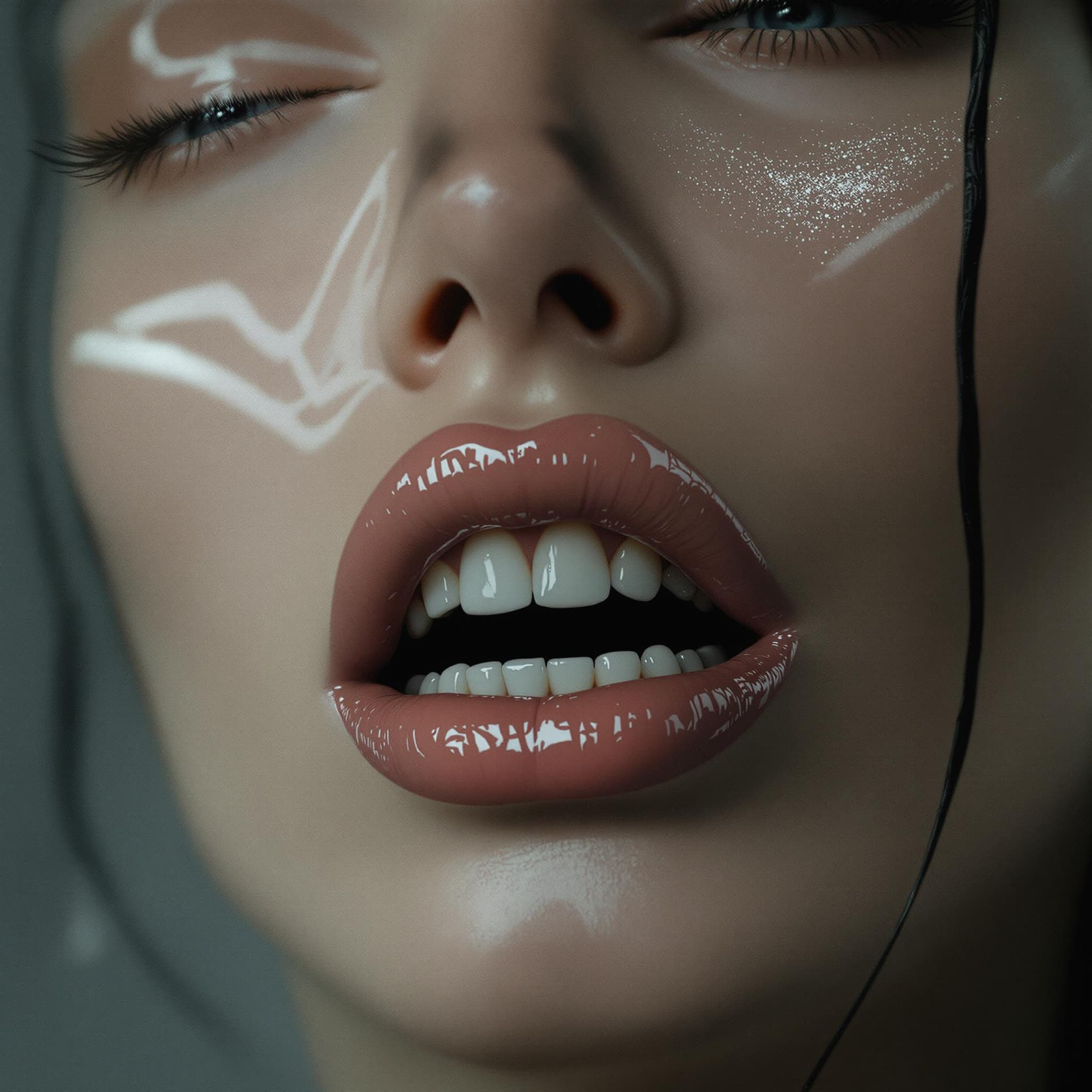 AI generated: A woman with a large jaw and white teeth, in the style of futuristic minimalism, restrained forms, d...