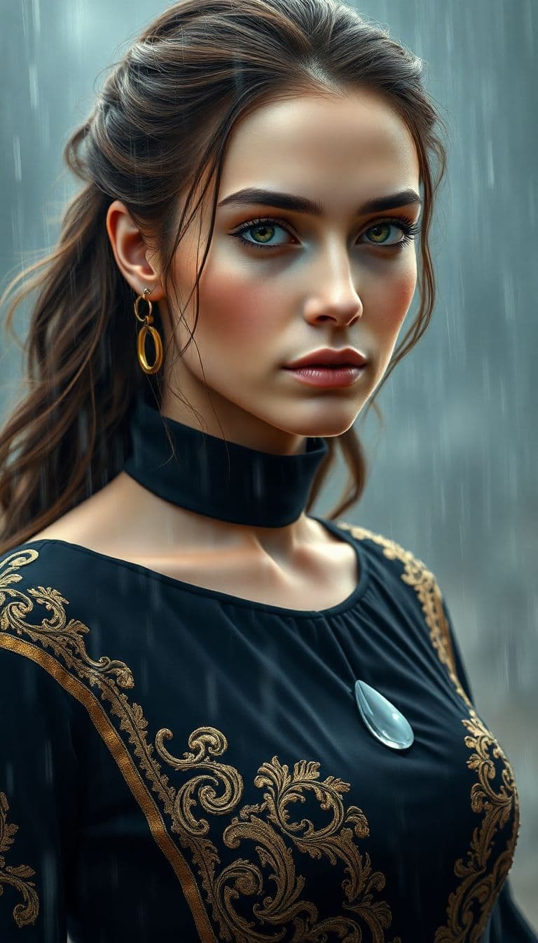 AI generated: women with a focus face, black gold dress . standing in light rain. with realistic drop of rain on h...