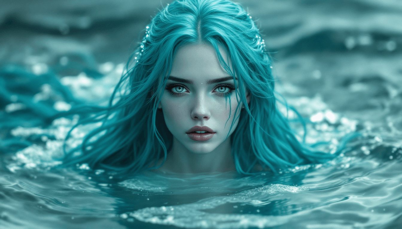 AI generated: A turquoise haired siren emerges from the sea, her extra long turquoise hair and hypnotic light grey...