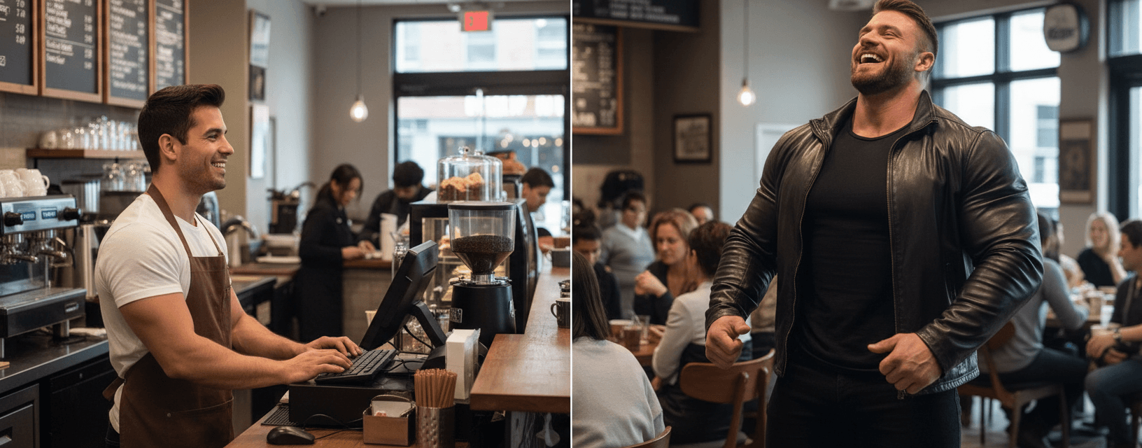 AI generated: Male Hispanic barista 5'2" tall, at a coffee shop behind the counter typing on the computer-register...