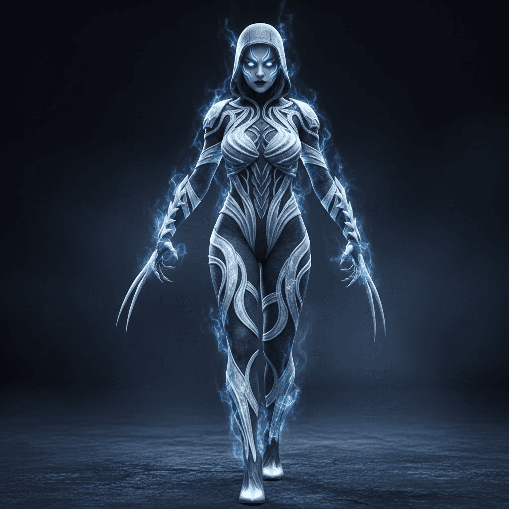 AI generated: A full body photo shot of a stunning and lethal image of a (phantom hunter) wearing a shimmering, sp...