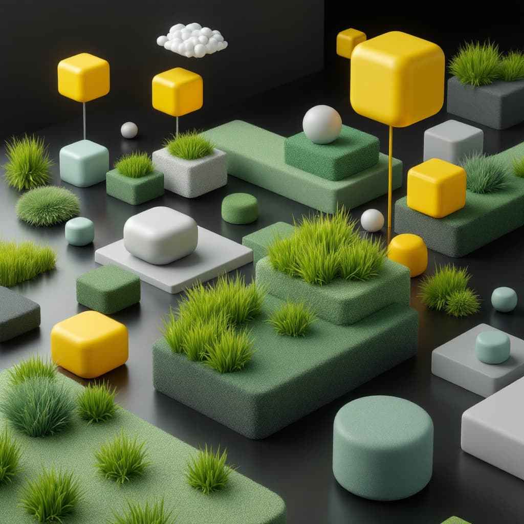AI generated: 3D geometric shapes, grassy greens and bright yellows, extreme greys, various smooth textures, trans...