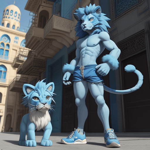 AI generated: ((Leon)), blue cartoon IP character little lion, visiting in front of Middle Eastern style building,...
