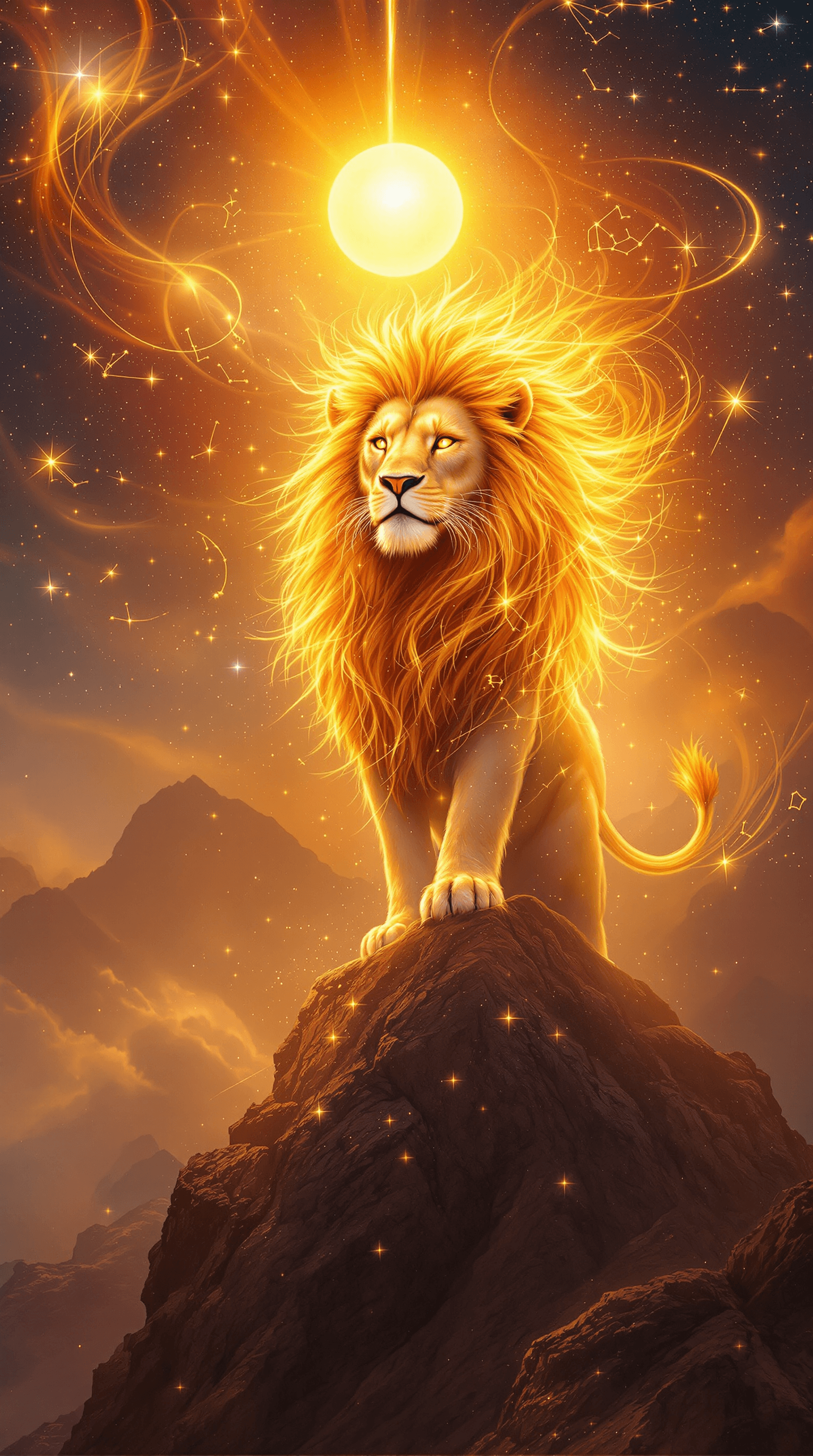 AI generated: a magical and radiant painting inspired by the Leo zodiac sign and the fiery energy of August 7th, f...