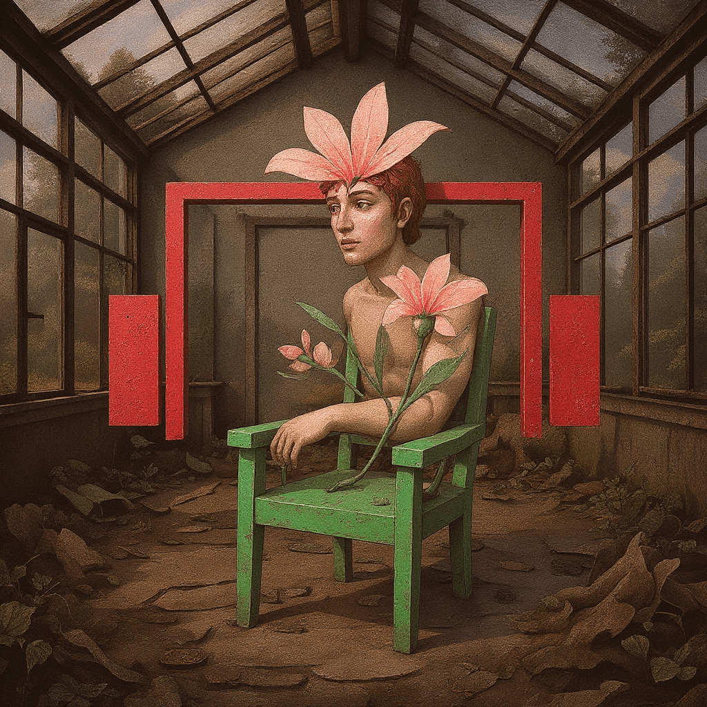 AI generated: surreal collage, boy blooming from a chair, crimson and soft peach, abandoned greenhouse, abstract s...