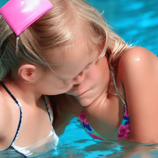 AI generated: hyper realistic blonde tween girl in a bikini at the pool kissing her girlfriend