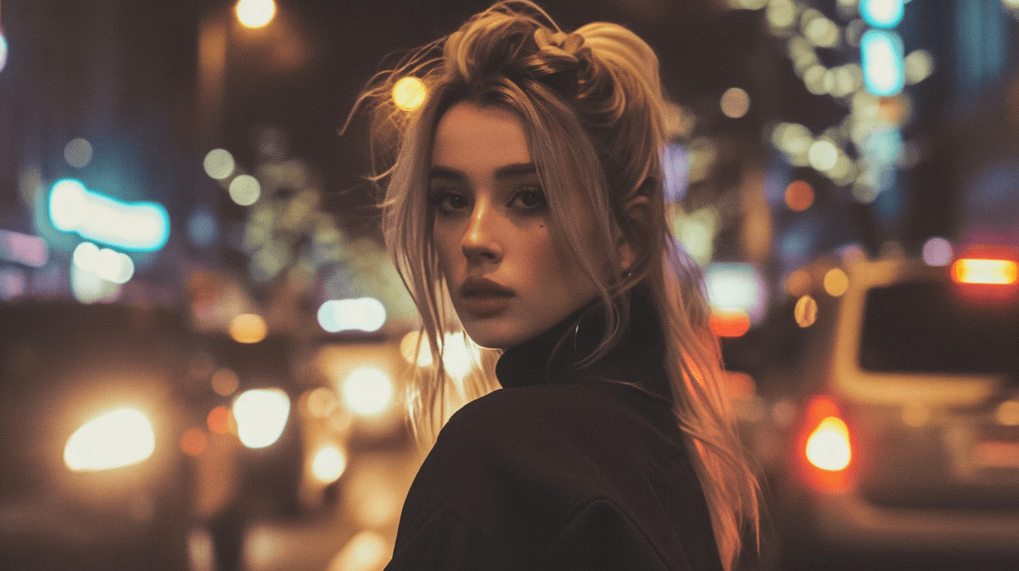AI generated: street photography, candid shot, hasselblad X1D, woman with blonde hair, realistic skin, natural fea...