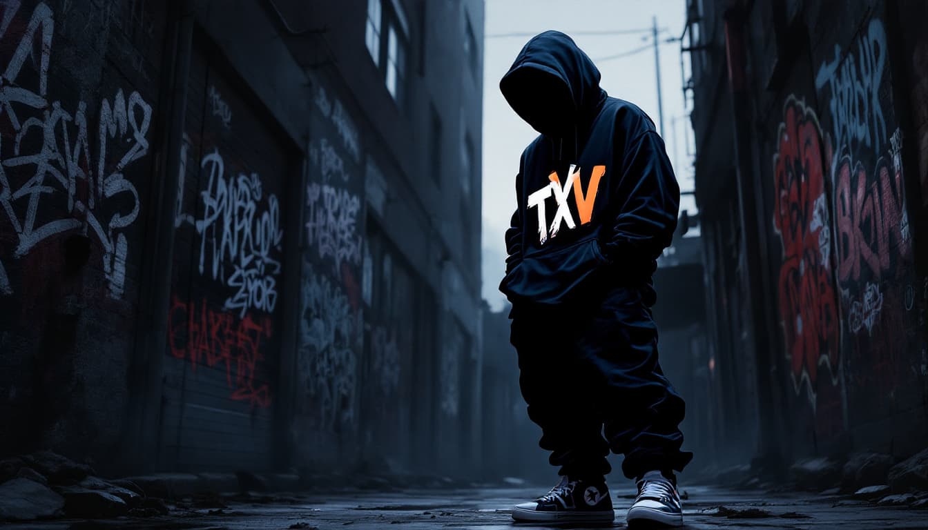 AI generated: 
A bold, dark graffiti style illustration dressed in hip-hop. The character wears a hoodie with a la...