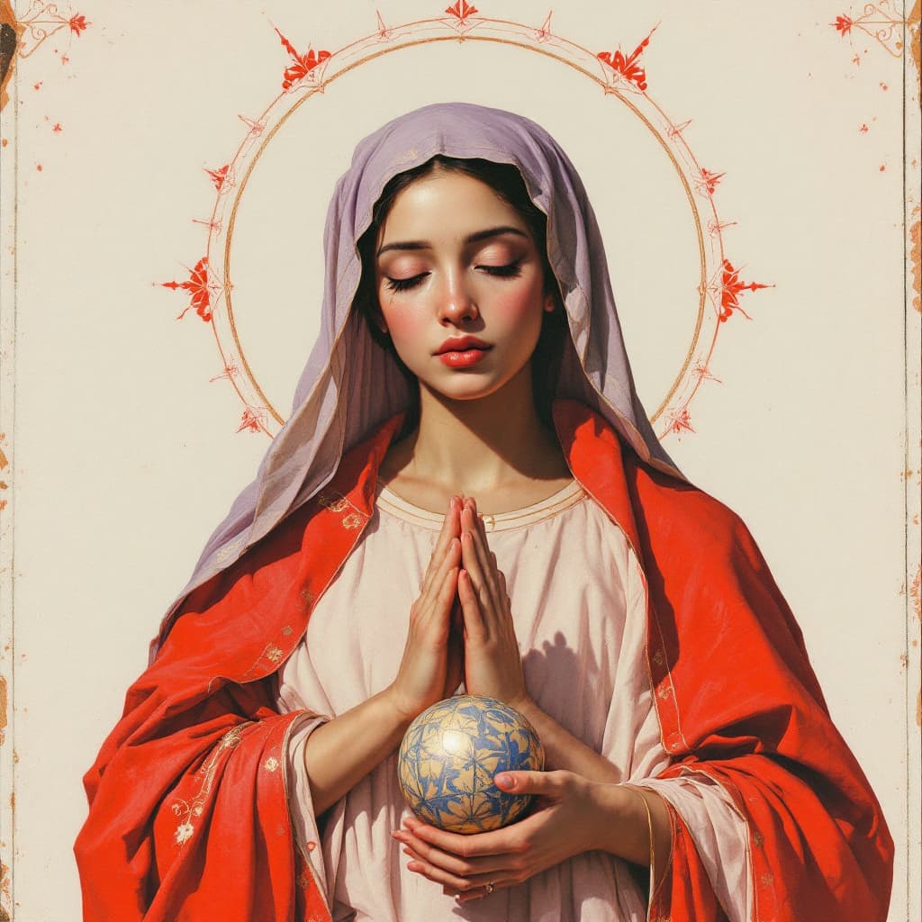 AI generated: the mary painting, in the style of light red and purple, tarot card, detailed facial features, haifa...