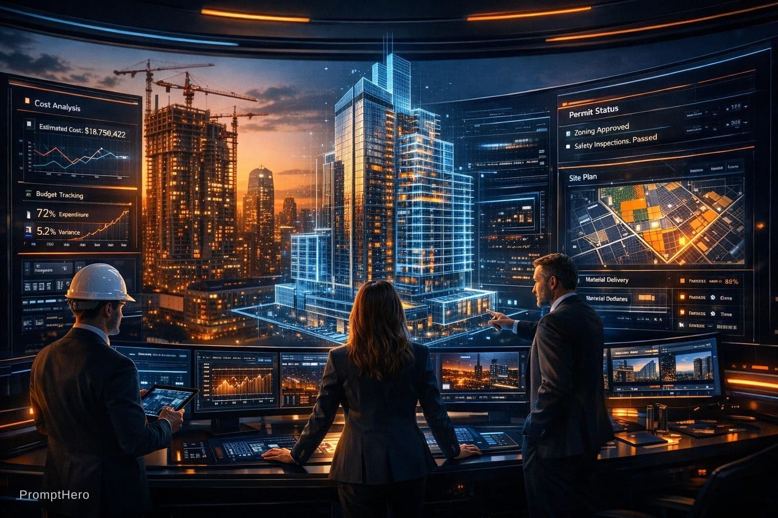 AI generated: Ultra-premium hero image for a cutting-edge AI construction management platform app. A dramatic cine...
