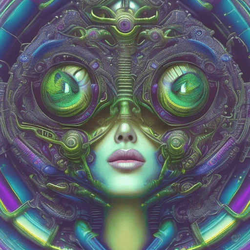 AI generated: 3D trippy surreal psychedelic half body portrait of hot gorgeous alluring smiling scifi alien cat, h...