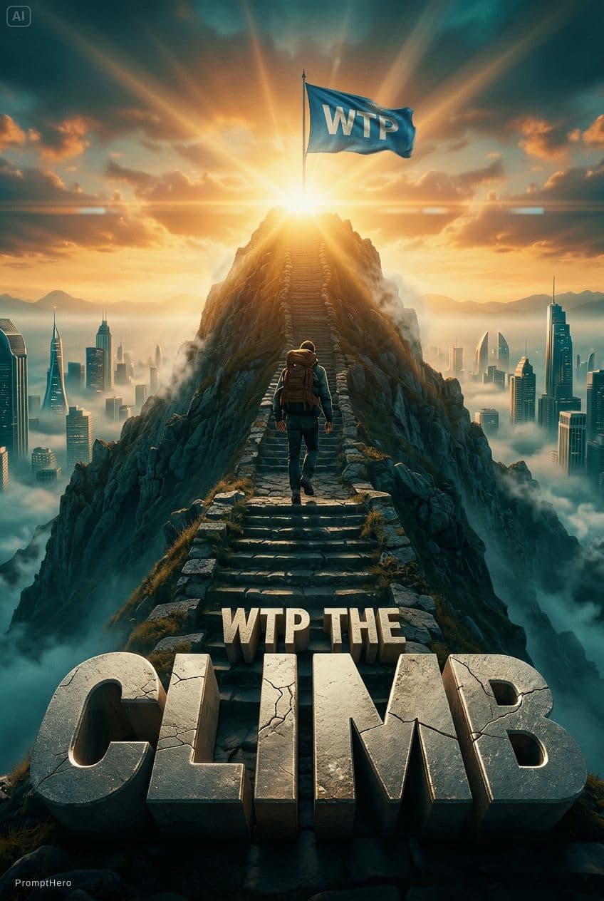 AI generated: Epic cinematic movie poster, ultra-realistic 8K, a lone adventurer climbing a steep
ancient stone st...