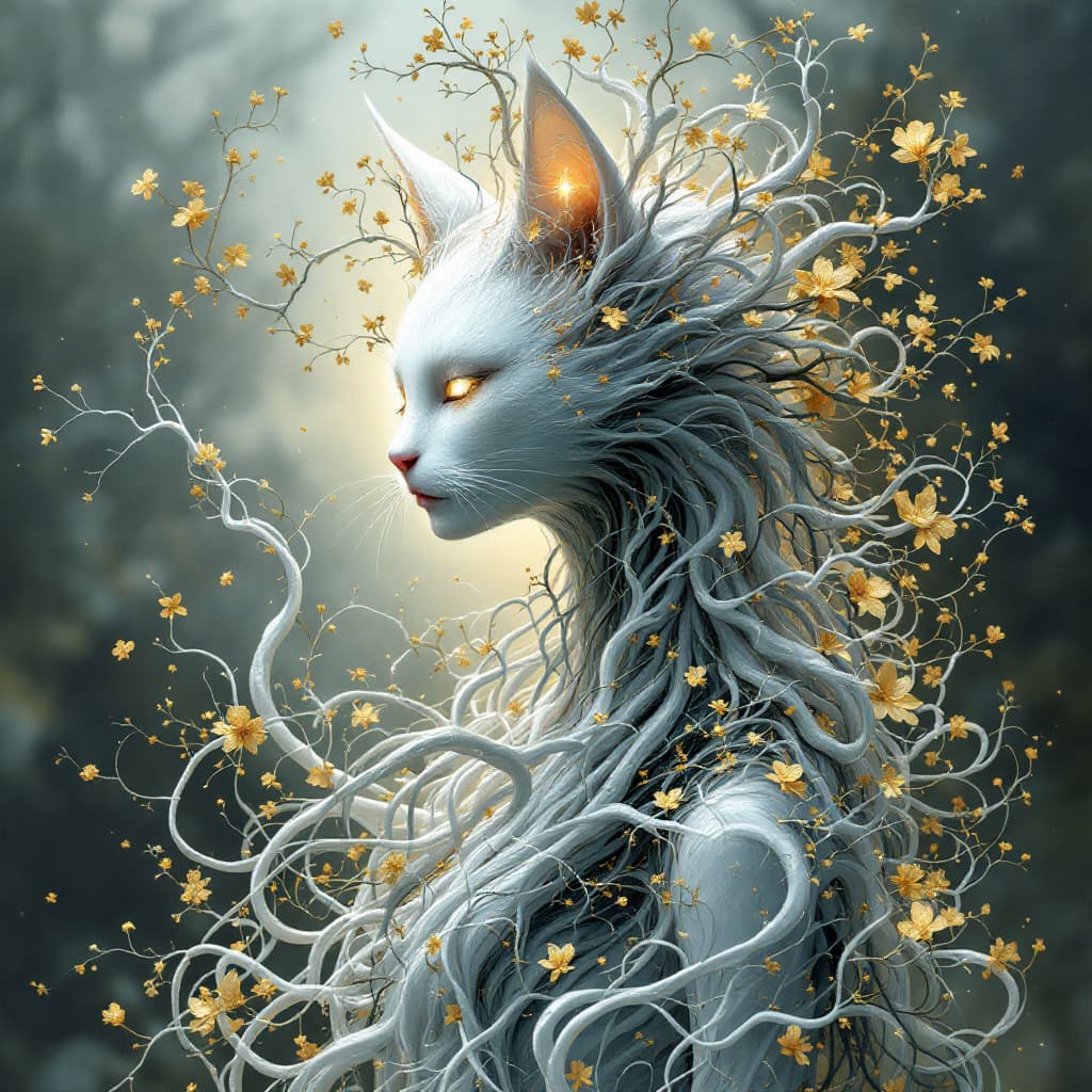 AI generated: A surreal and richly detailed fantasy portrait of a mystical white human figure with cat-like featur...