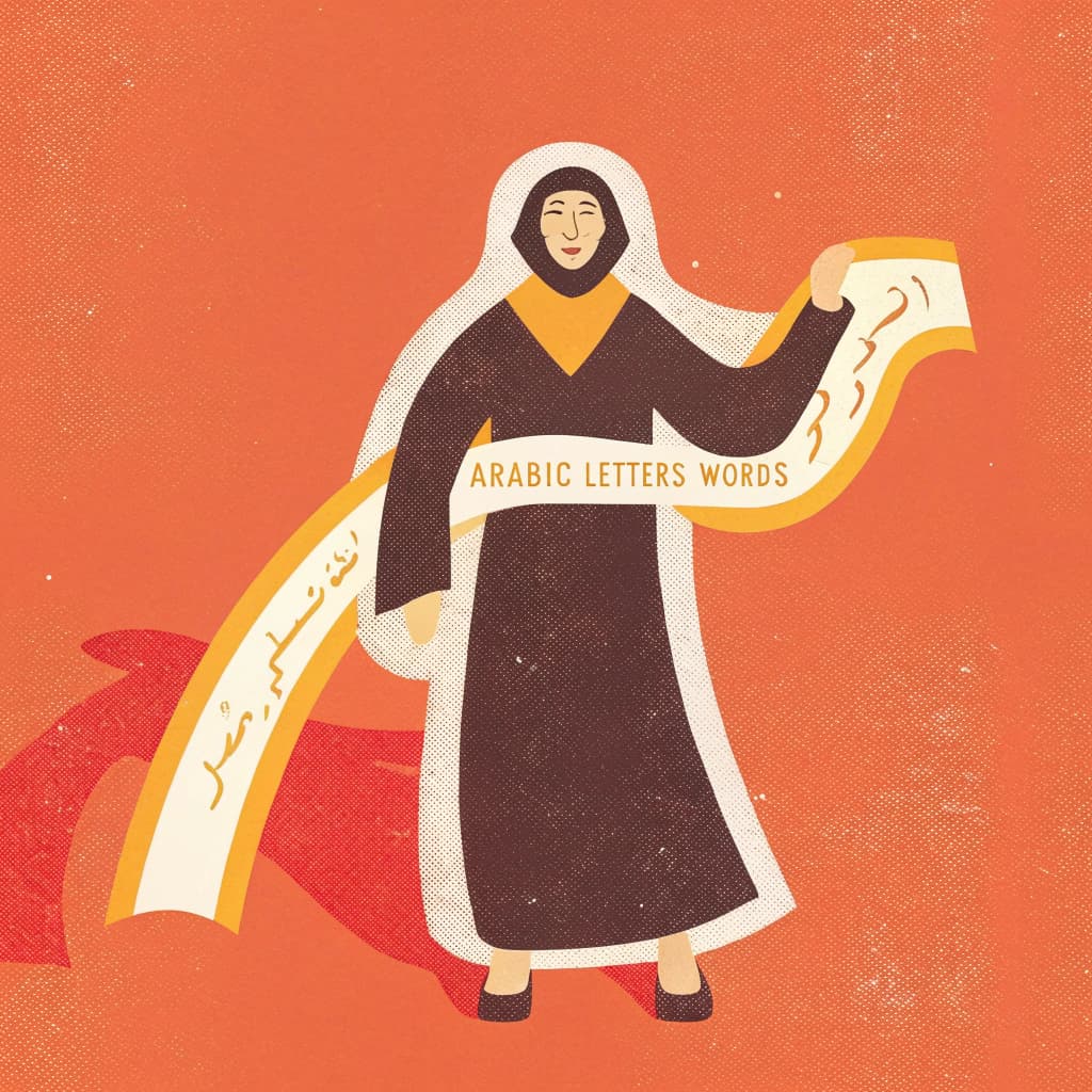 AI generated: Beautiful arab woman, full body showing, wearing abaya and scarf decorated with arabic letters and w...