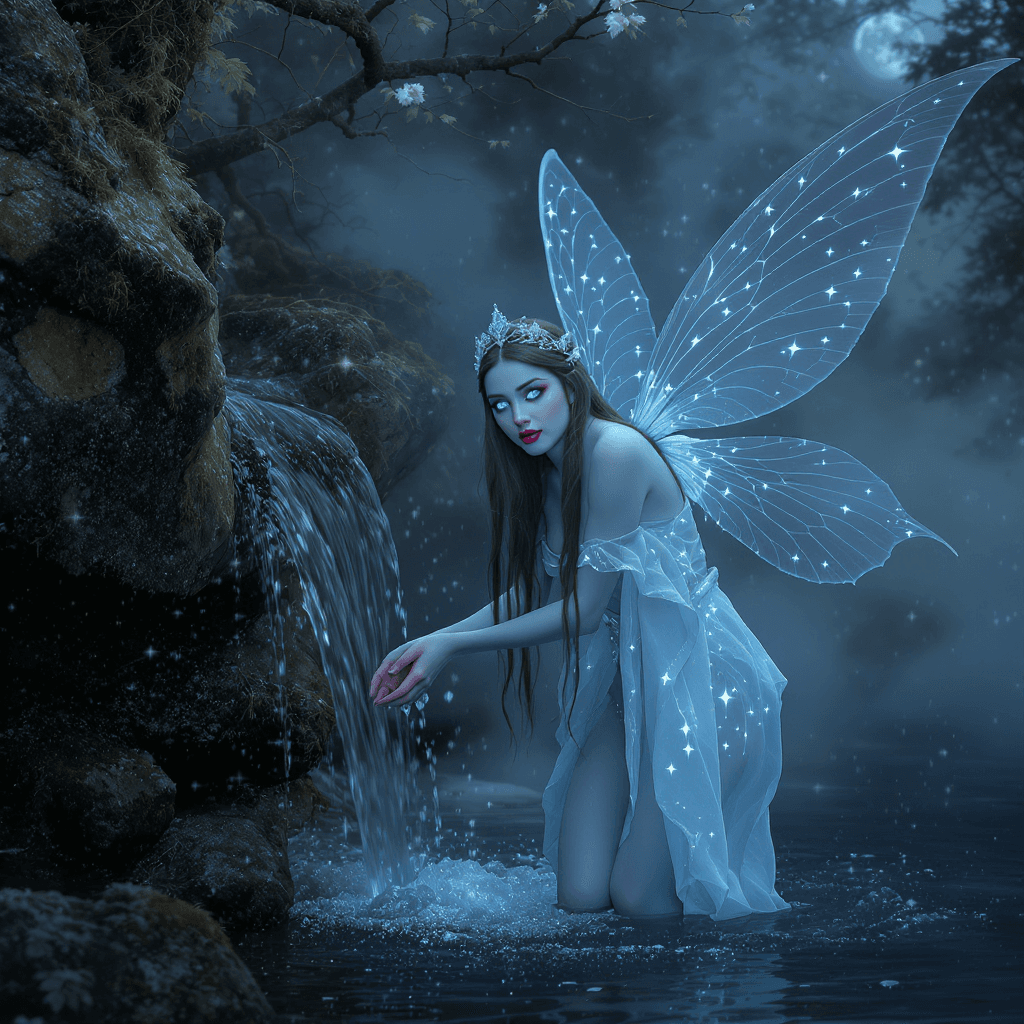 AI generated: A stunning fantasy image of an ethereal fairy princess she is (25-years-old) with glowing sapphire-b...