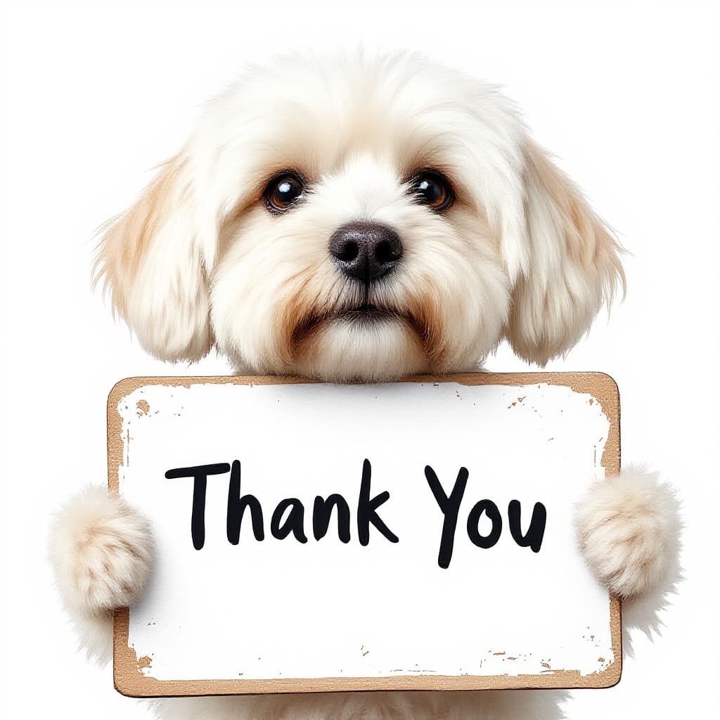 AI generated: highly detailed image of a maltese dog holding a 'Thank You' sign isolated on a white background