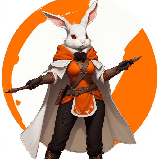 AI generated: art of a rabbitfolk ranger.  She should have white fur. She is wearing an orange and white cloak. sh...