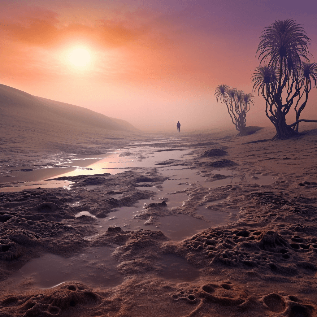 AI generated: captivating dawn on a dark sand beach, waves in a sea with nameless hidden creatures, orange and vio...