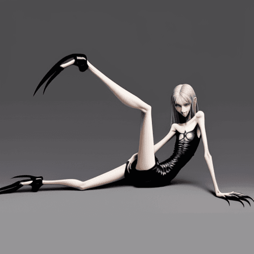 AI generated: lying position of extreme skinny slender girl very skinny slender girl, with long curved claws, skin...