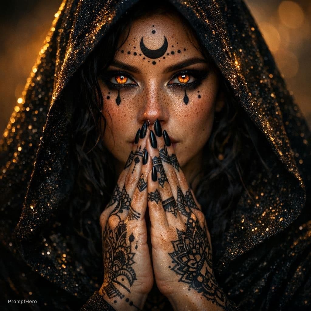 AI generated: "A highly detailed, photorealistic portrait of a mysterious woman with intense glowing amber-orange ...