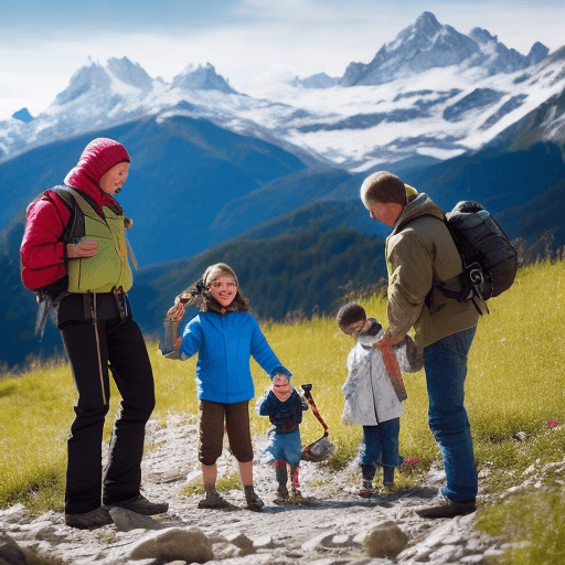 AI generated: photo family two adult boy girl with dad and mother, looking for marmots, binoculars, alps
