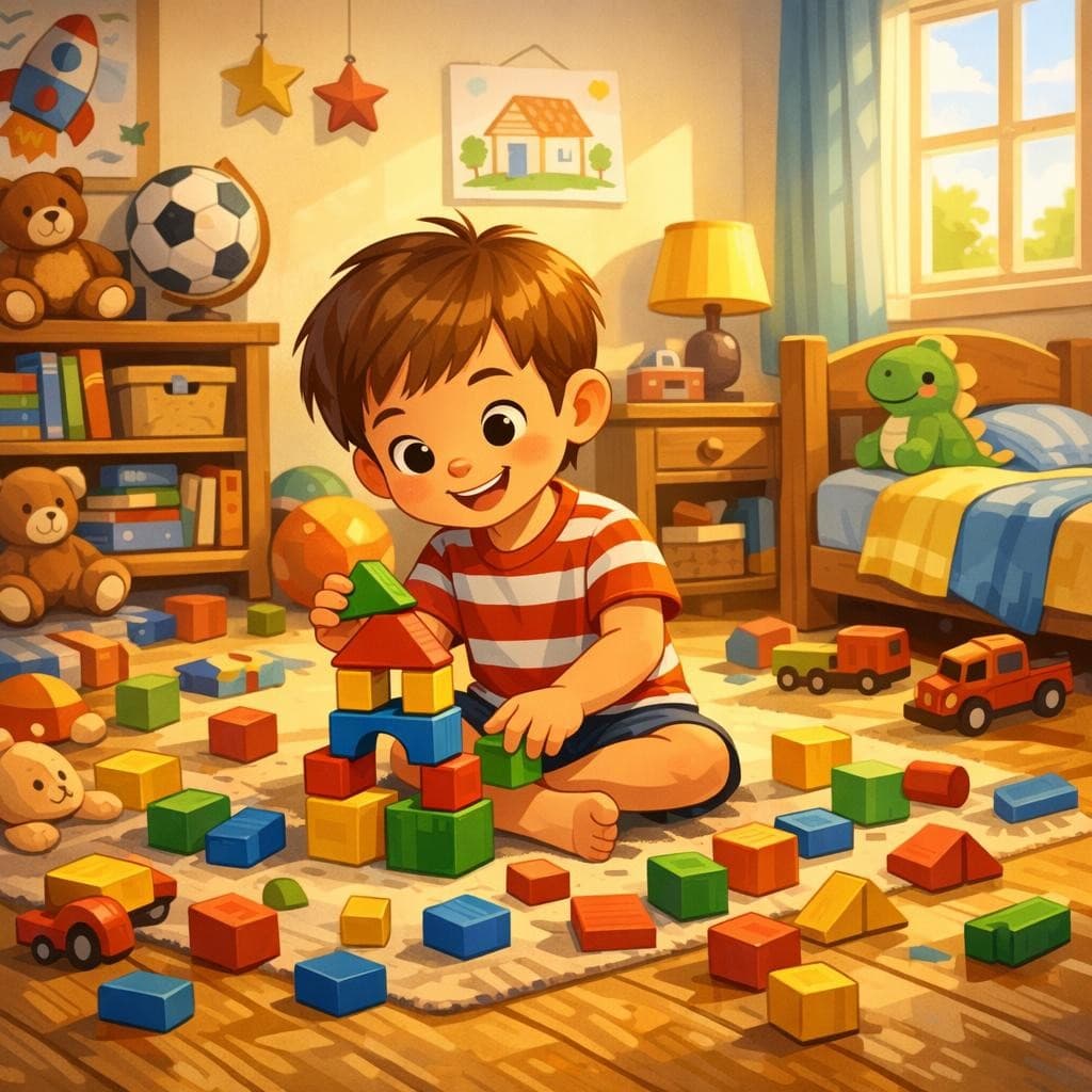 AI generated: Illustration of a child playing in their bedroom, surrounded by colorful blocks scattered on the flo...