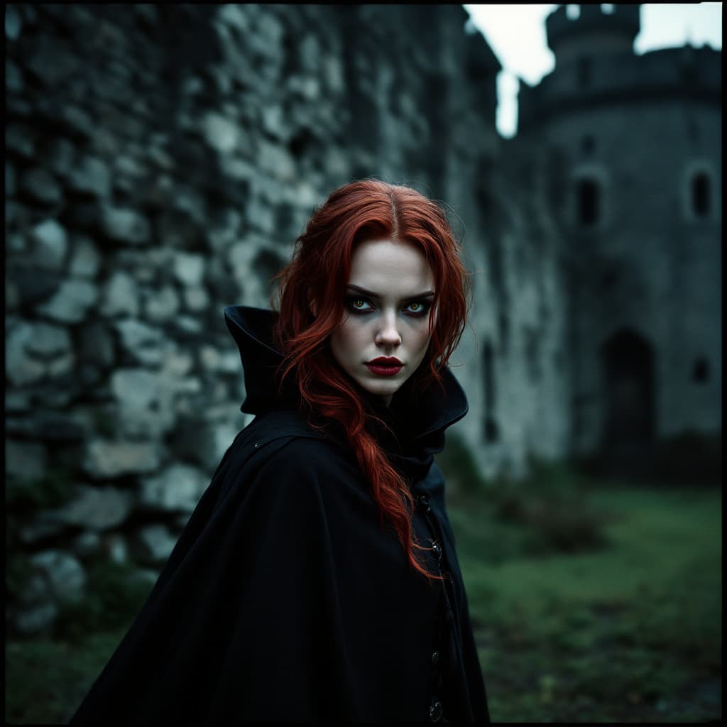 AI generated: movie photography woman with dark auburn hair, red highlights, standing in front of creepy old Victo...