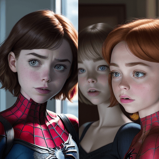 AI generated: Shown in a bright color photo, Very close up face, three female Spider-man family, on the left is So...