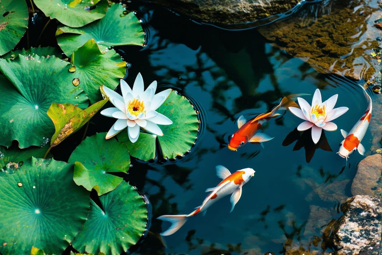 AI generated: A quiet lily pond with a few lilies in the water and a few swimming carp. A rocky shore.