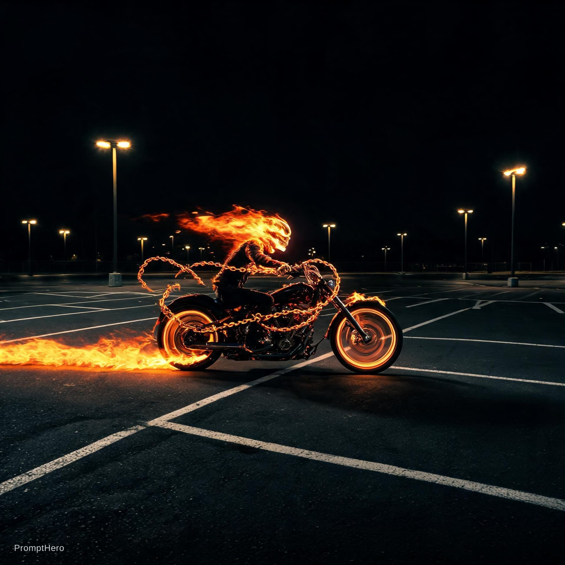 AI generated: Ghostrider's stretched flaming skull and chains motorcycle in an empty parking lot at night driving ...