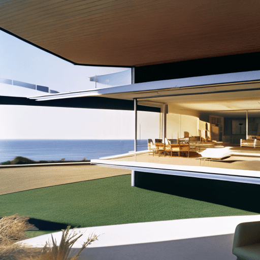 AI generated: Hyper realistic eye level exterior photo of a mid century modern style house overlooking the ocean, ...