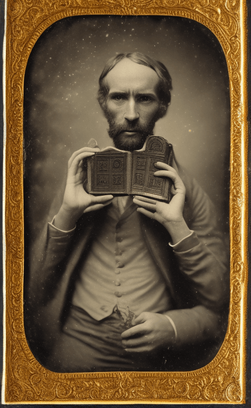AI generated: Detailed and intricate daguerreotype photograph, elegant Victorian man, looks at the viewer, gloves ...