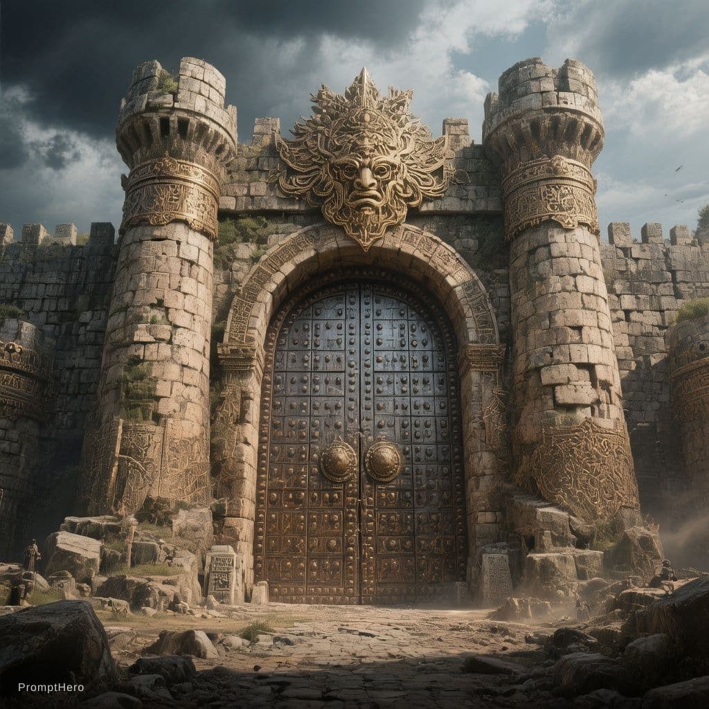 AI generated: A majestic ancient stone city gate with huge metal doors slammed shut, dark dramatic clouds, epic ci...