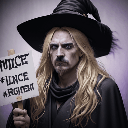 AI generated: A surprised man with long, messy blonde hair dressed as a witch with a hat, wearing a black robe wit...