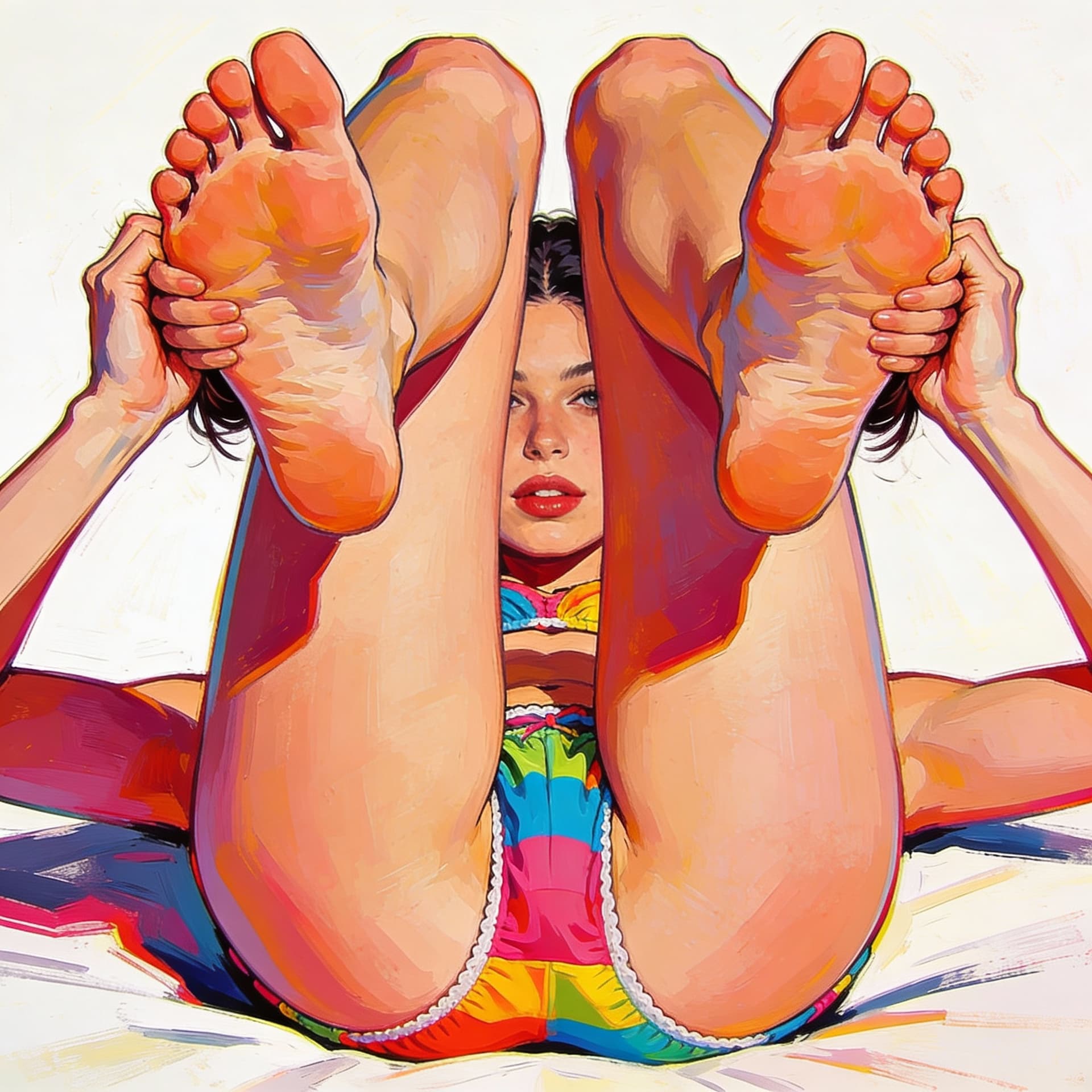 AI generated: Hot chick legs up spread feet by ears colorful panties 
