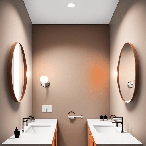 AI generated: circle mirrors in a bathroom with white walls, in the style, minimalist outlines, light pink and dar...