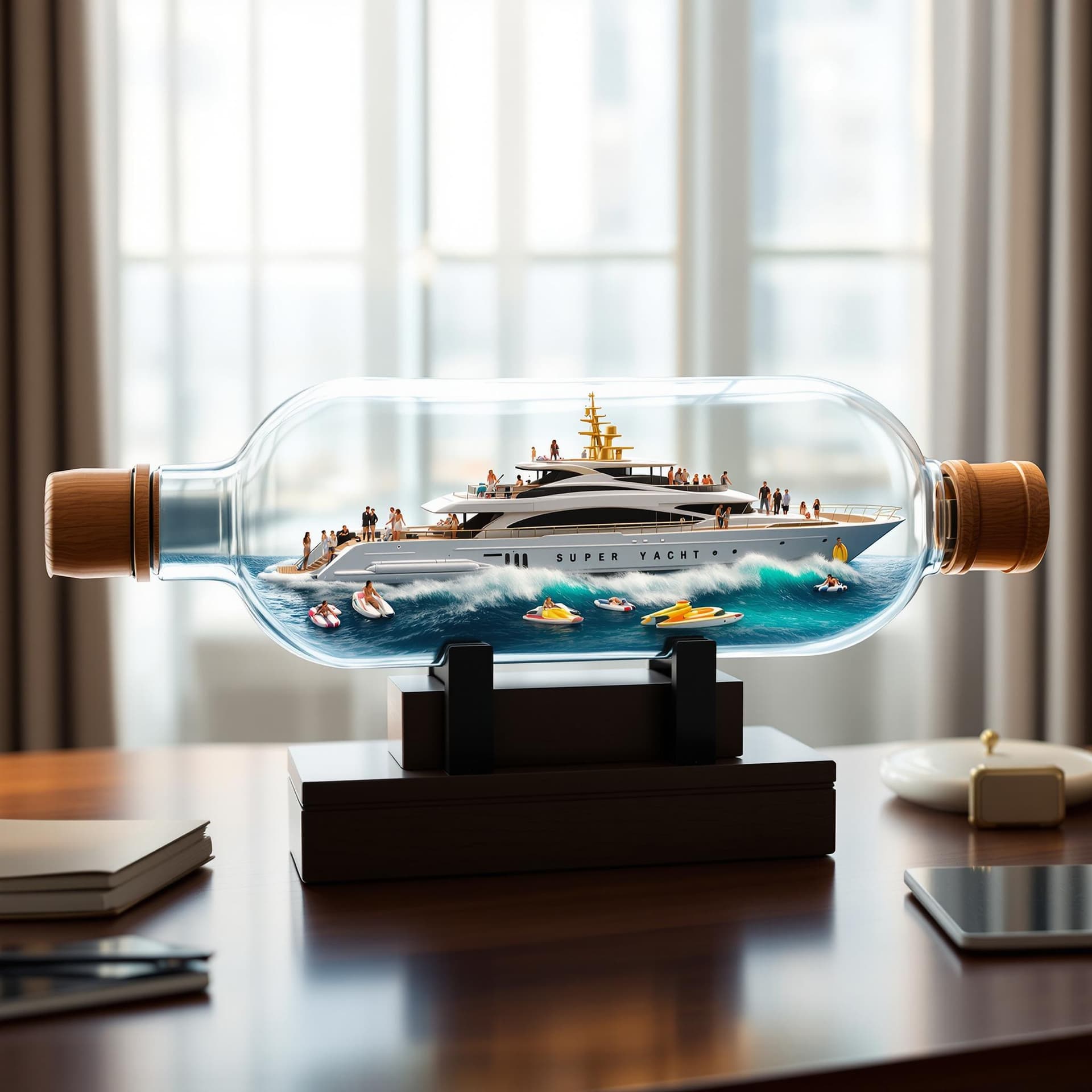 AI generated: A realistic ship in a bottle, featuring a luxury super yacht scene. The yacht is busy with people, w...